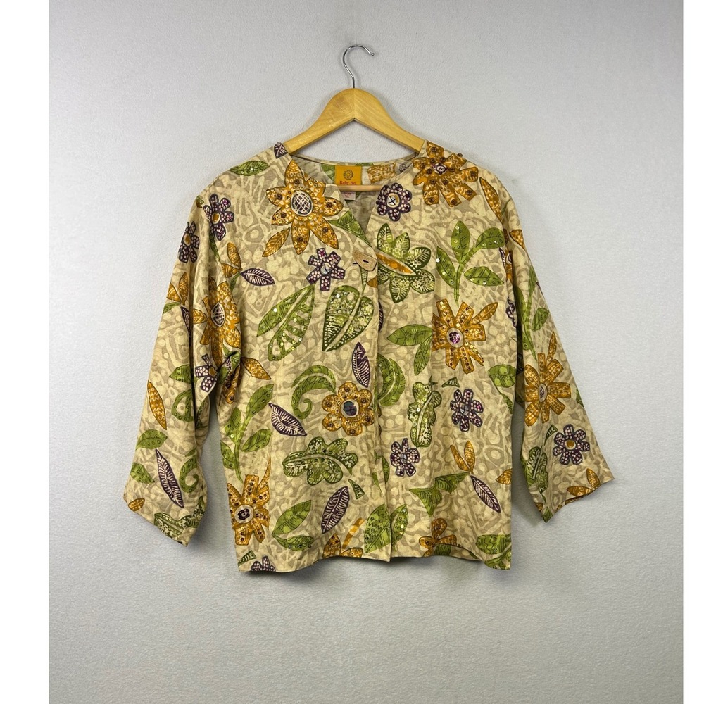 Ruby Rd Linen Blend Floral Jacket Womens 10 Tan Green Sequin Embellished Batik